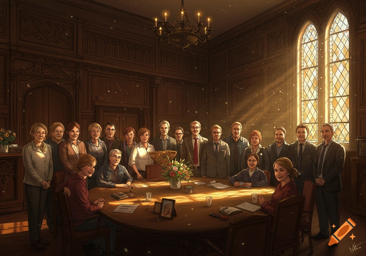 A large group of men and women pose for a group photo in a formal, wood-paneled room with sunbeams and a large oval table.