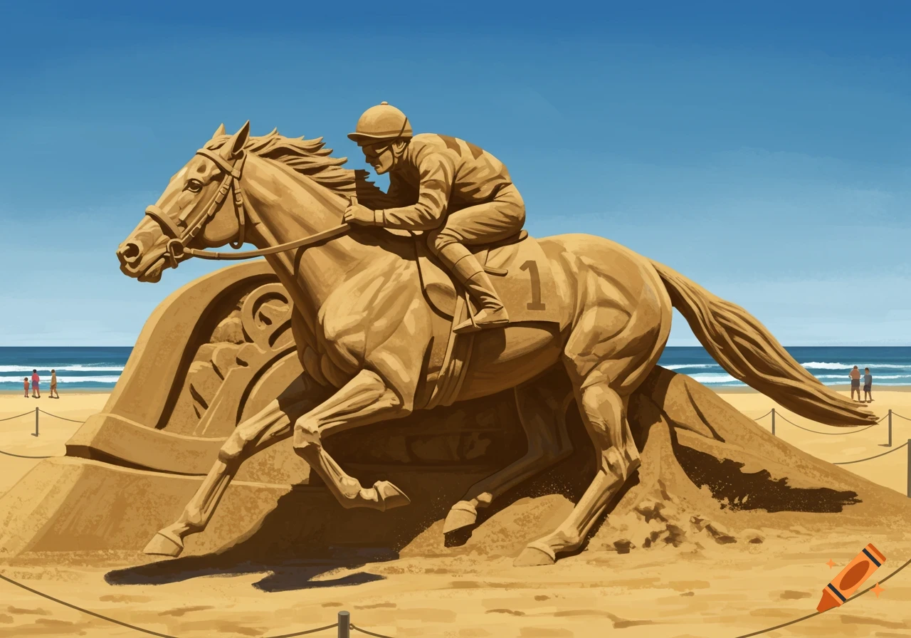 A detailed sand sculpture of a racehorse and jockey with the number 1, standing on a sunny beach with the ocean in the background.