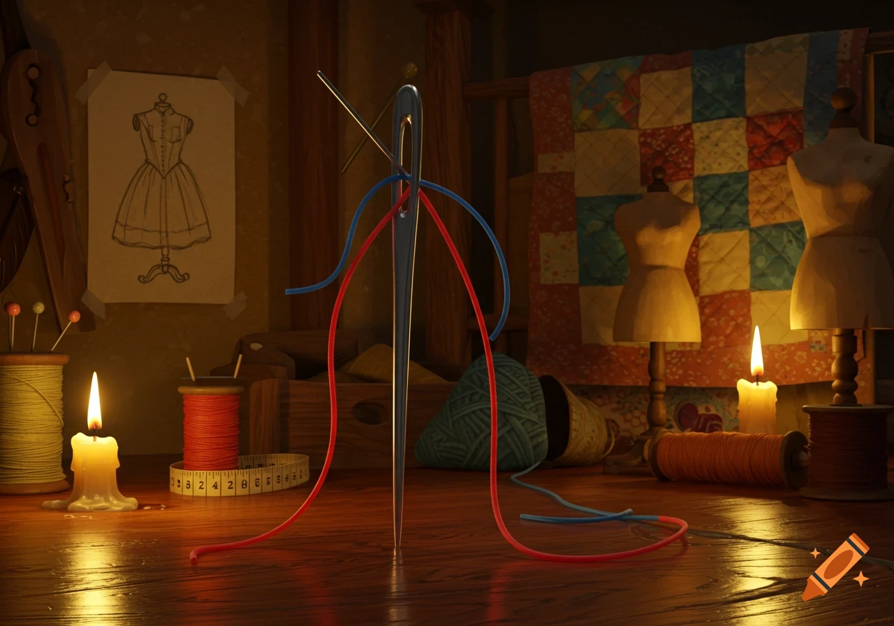 A dimly lit still life of a large sewing needle threaded with red and blue yarn, surrounded by sewing spools, candles, dress forms, a quilt, and a dress sketch.
