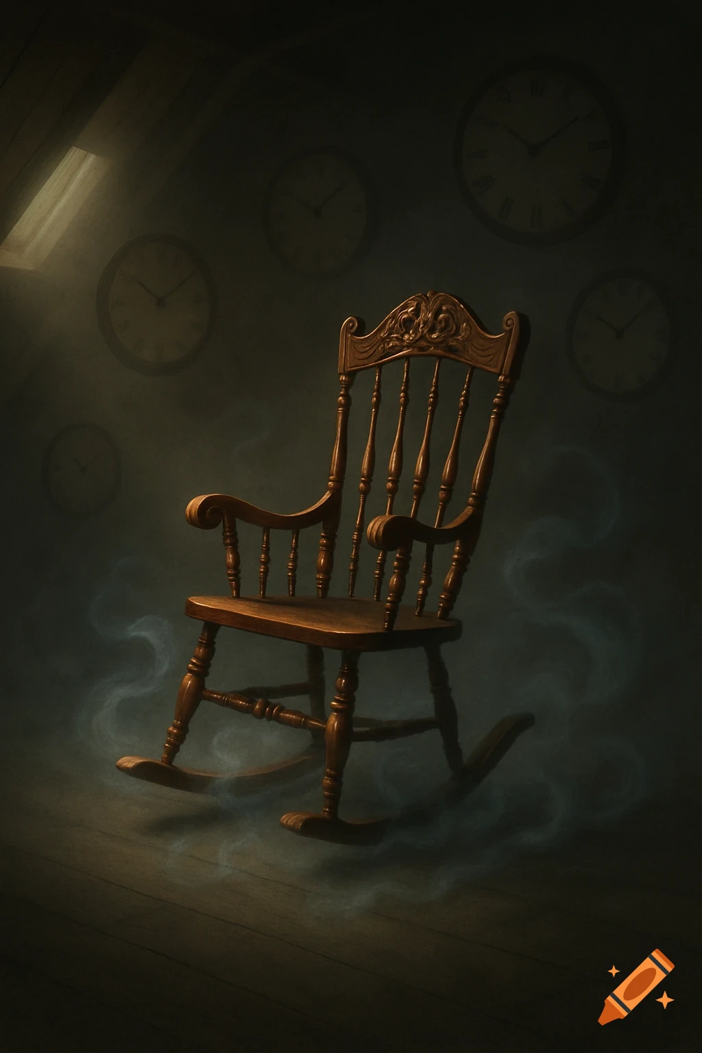 An antique wooden rocking chair in a dark, atmospheric room with faint clocks on the wall and wisps of smoke.
