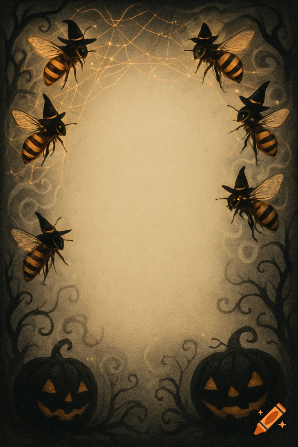 Halloween-themed border with witch-hatted bees, jack-o'-lanterns, and spooky vines surrounding a blank center.