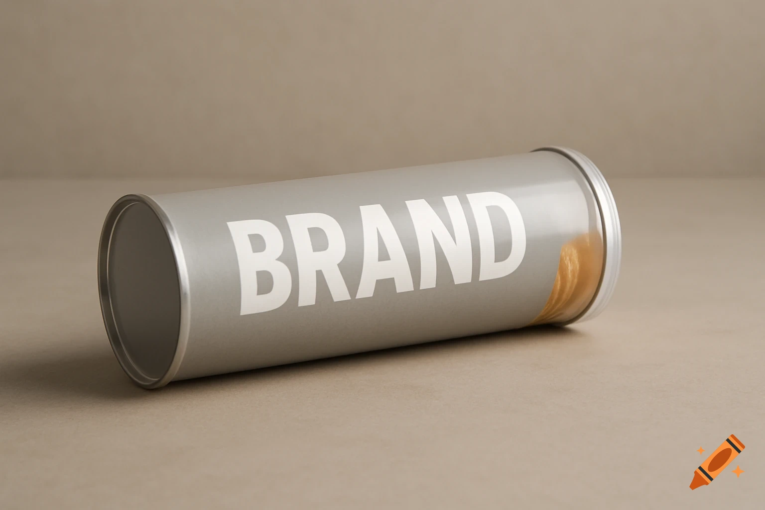 A gray cylindrical container with 'BRAND' written in white, revealing potato chips, lies on a beige surface.