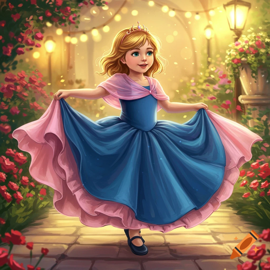 A young girl in a blue and pink princess dress twirls in a warm, glowing rose garden.