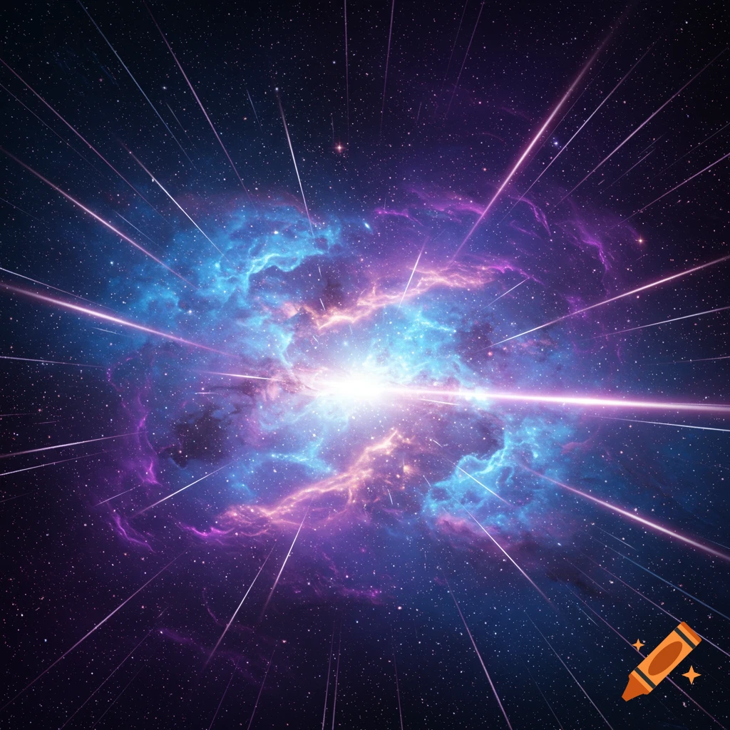 A vibrant cosmic nebula with swirling blue and purple gas, countless stars, and bright light rays emanating from a central luminous core, creating a sense of rapid movement.