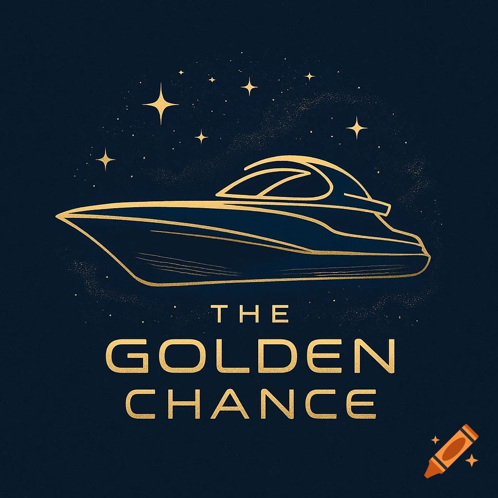 A gold line art logo of a sleek boat/spaceship under stars with 'THE GOLDEN CHANCE' in gold text.