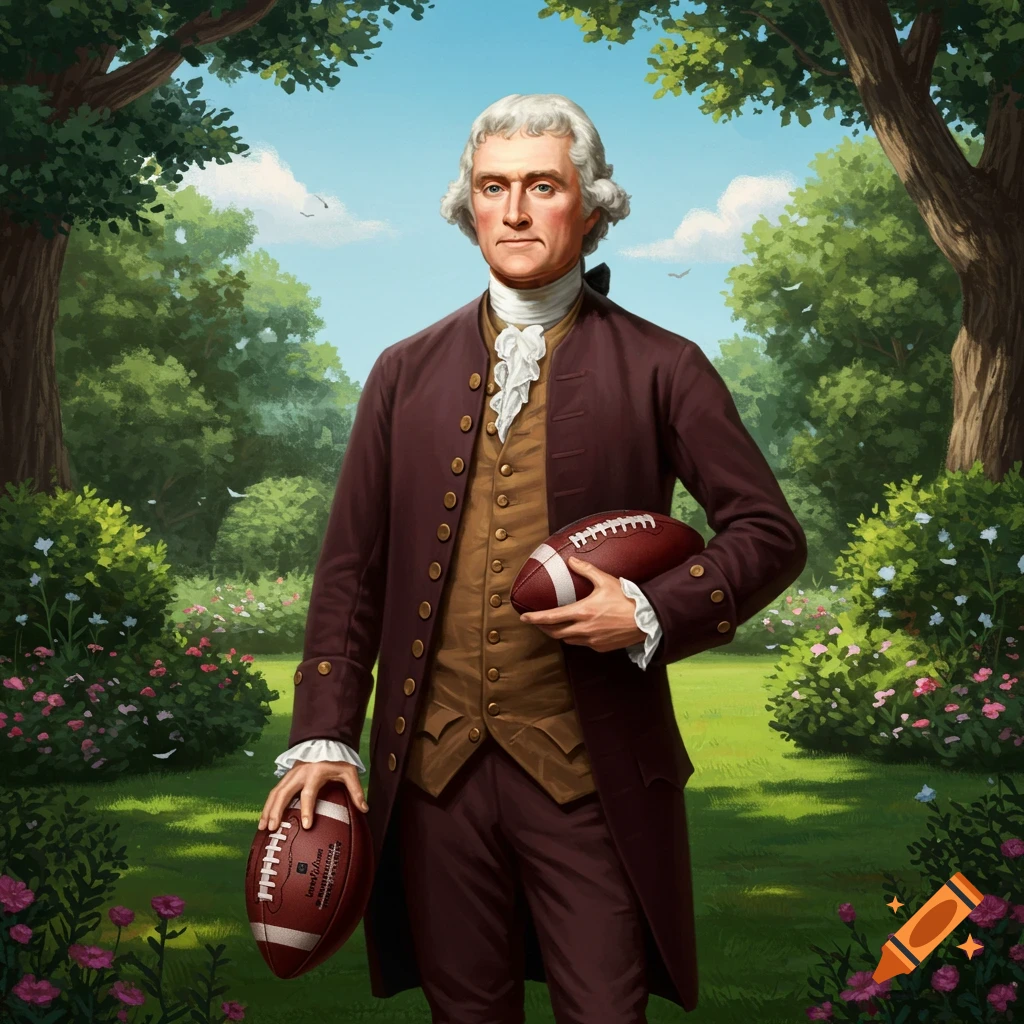 Thomas Jefferson in a period suit holds two footballs in a lush garden setting, painted in a realistic style.
