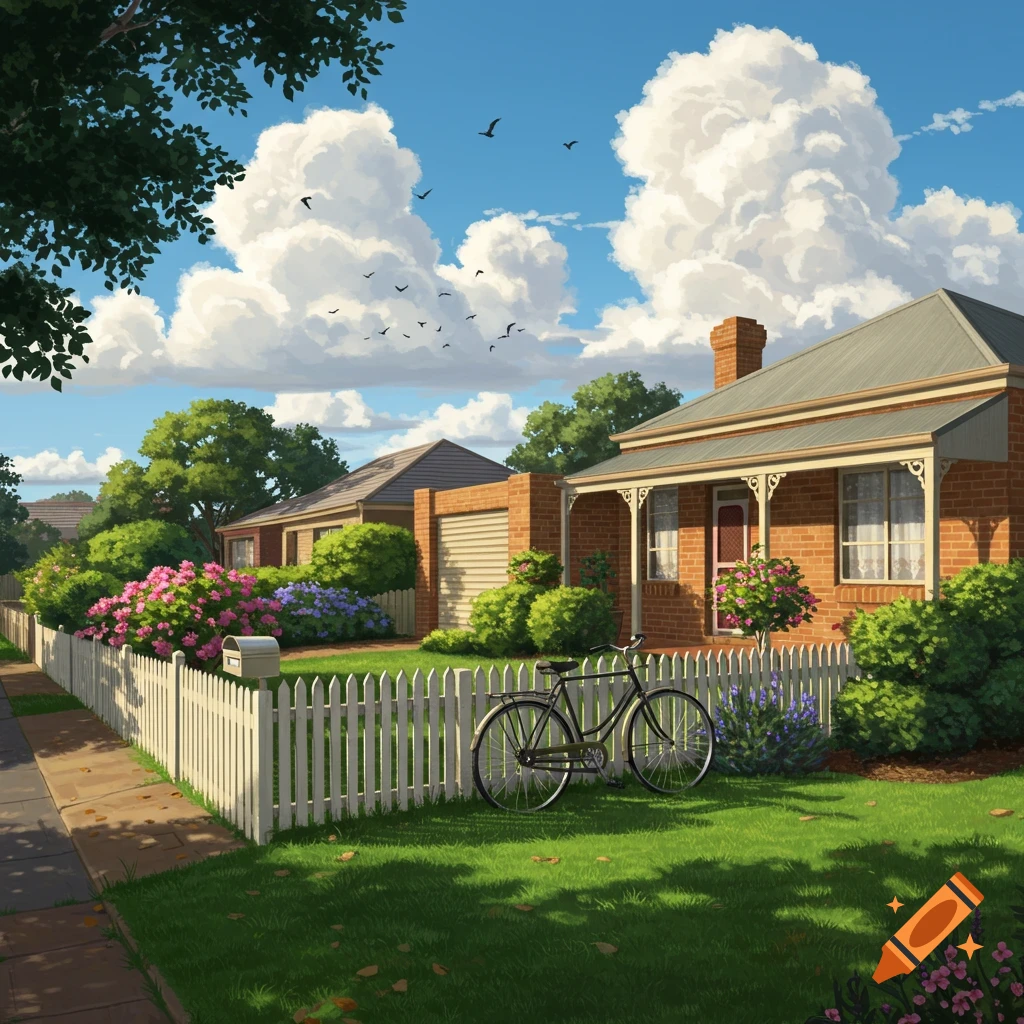 A bright suburban street scene with a brick house, a white picket fence, and a bicycle on a green lawn next to blooming flowers.