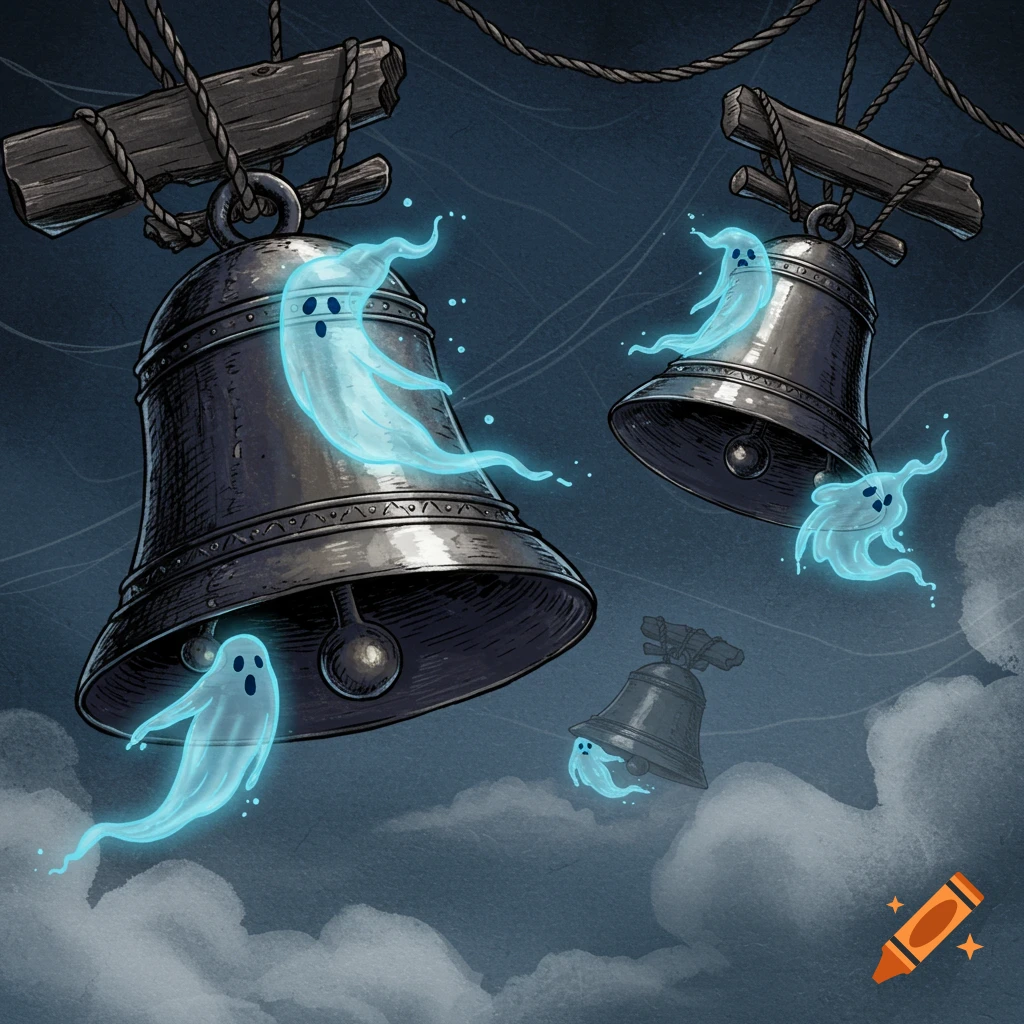 A drawn illustration of dark bells hanging in a cloudy night sky, with glowing blue cartoon ghosts floating around them.