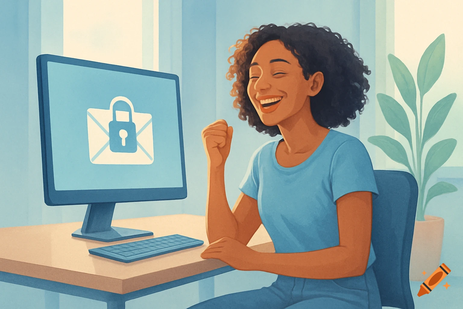 A happy woman with curly hair smiles brightly, raising her fist beside a desktop computer displaying a secure email icon. Digital illustration.