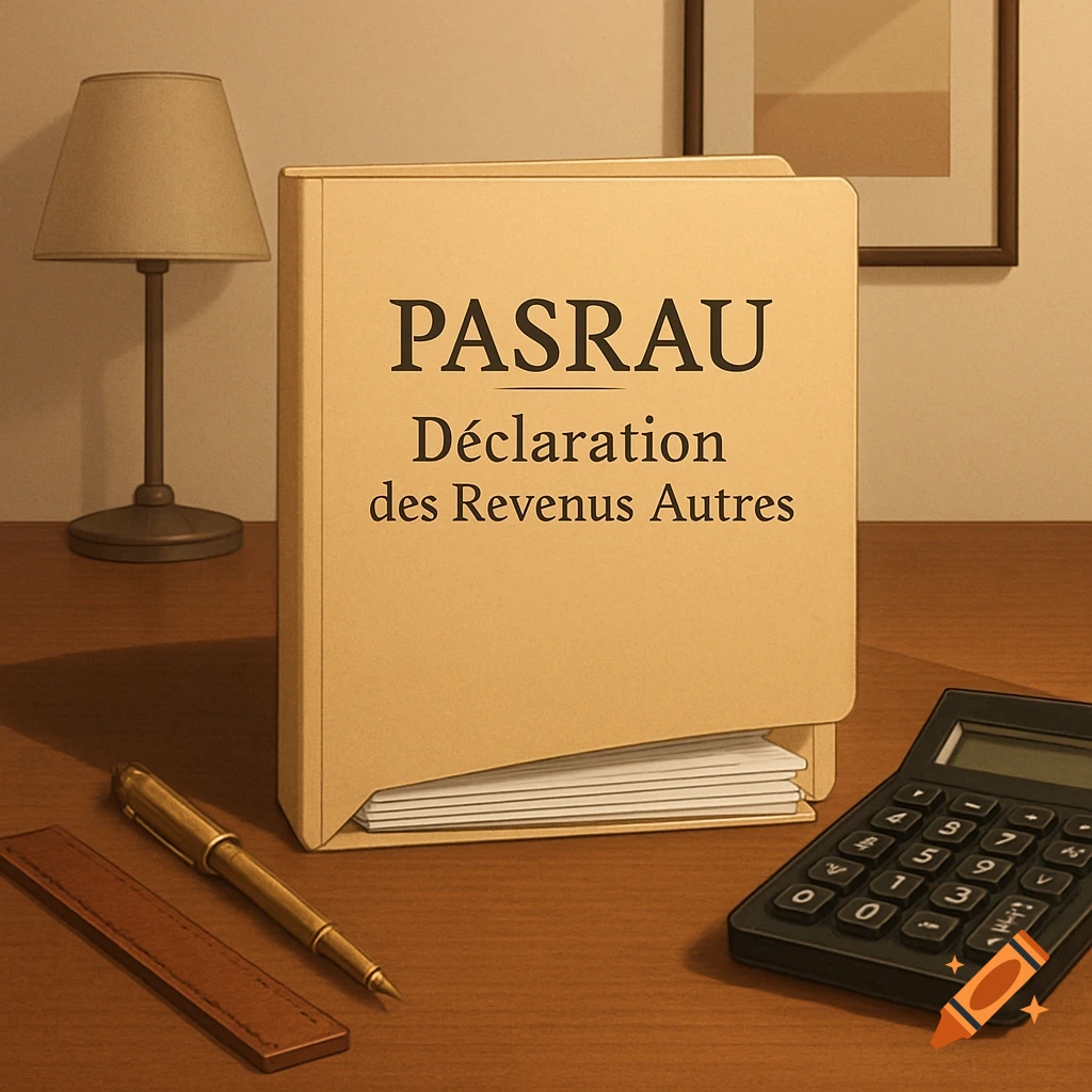 A file folder labeled "PASRAU: Déclaration des Revenus Autres" sits on a desk next to a lamp, a pen, and a calculator.