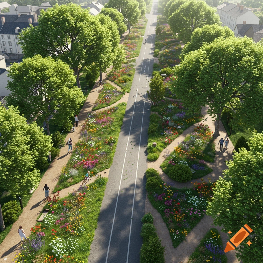 Aerial view of a vibrant, green street with lush trees and colorful flower beds. People walk and bike on paths, houses in background.