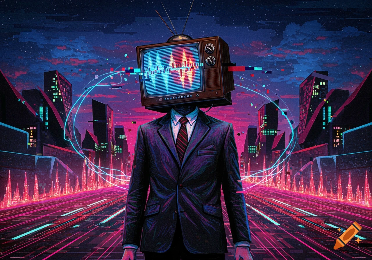 A man in a suit with a retro TV for a head, displaying glitching signals, stands on a neon-lit cyberpunk street.