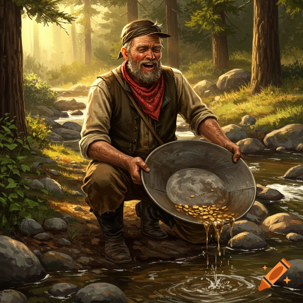 An excited gold miner pans for gold in a creek surrounded by a sunlit forest, in a painterly style.