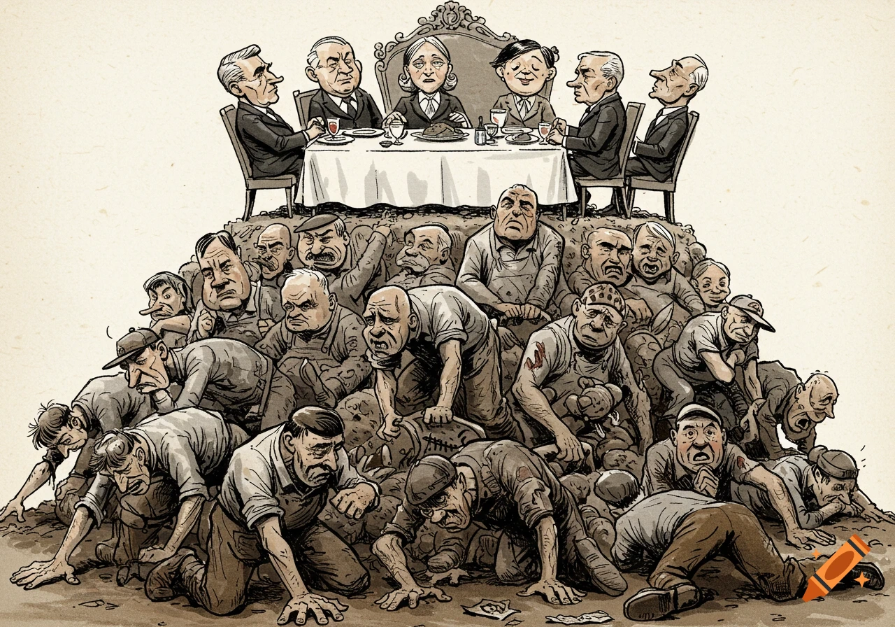 A satirical editorial cartoon depicting wealthy figures dining atop a pile of suffering, struggling working-class individuals.