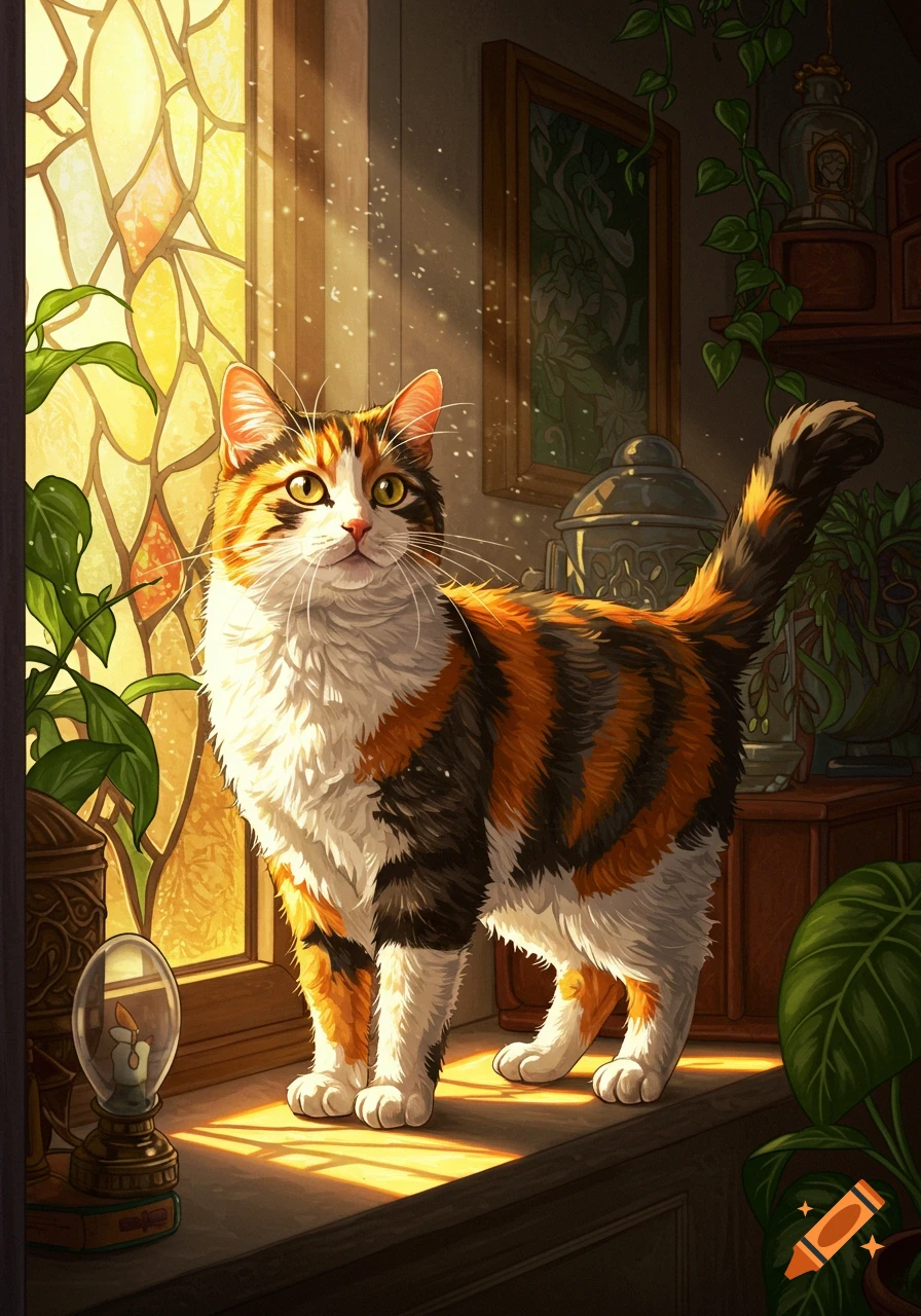 A brightly lit calico cat stands on a windowsill beside a vibrant stained glass window, surrounded by houseplants.