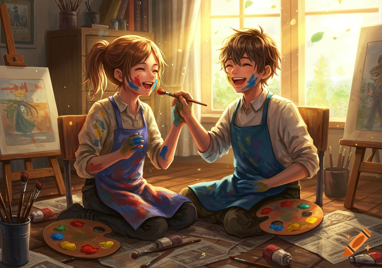 Two anime-style friends, covered in paint, laugh while painting each other's faces in a sunny art room.