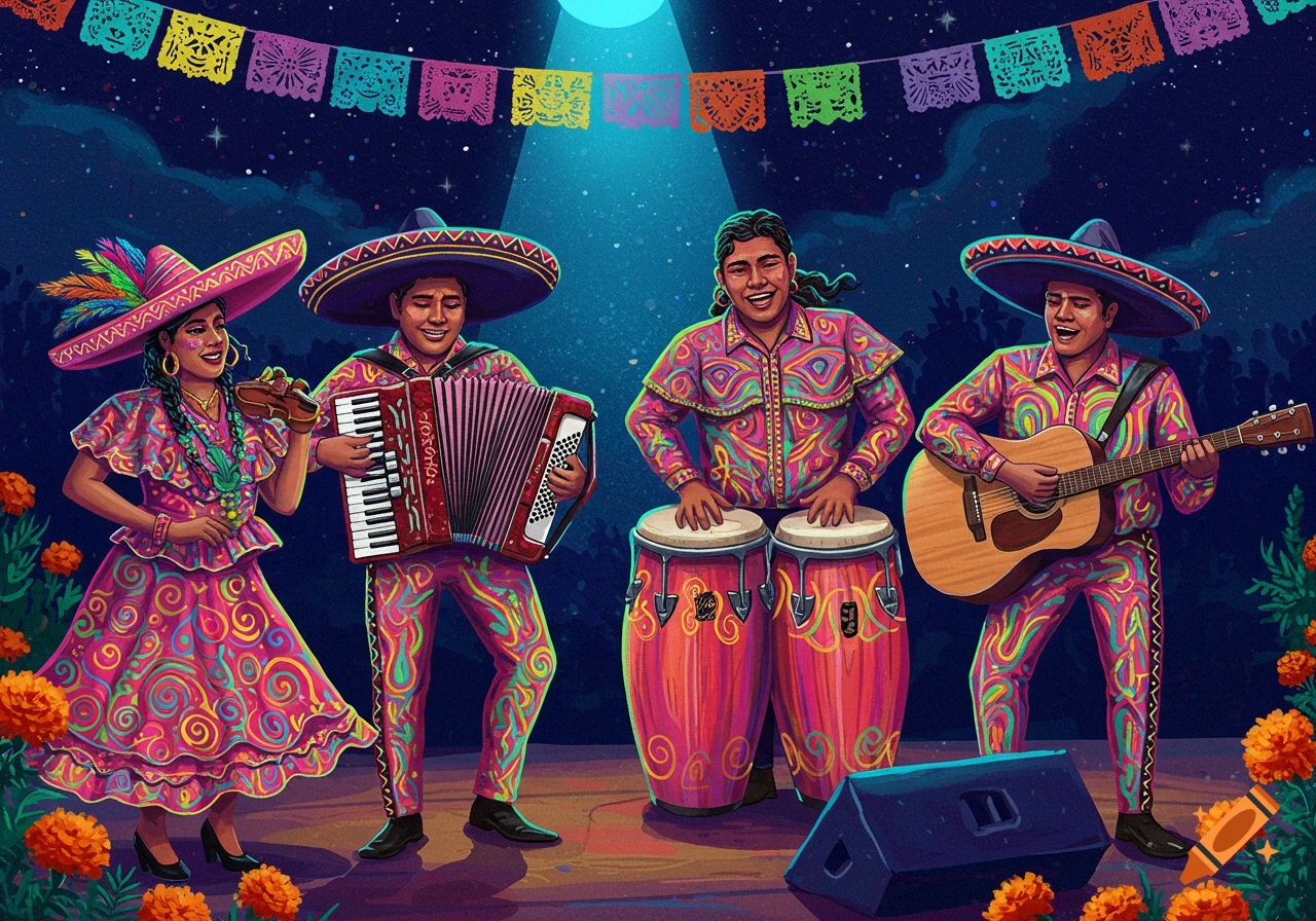 A psychedelic cumbia band performs at night. Four musicians play accordion, violin, congas, and guitar under colorful papel picado, in folk art style.