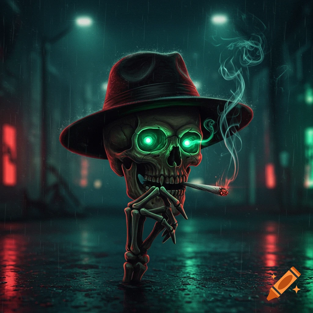 A stylized skull wearing a fedora with glowing green eyes, smoking a cigarette in the rain at night, with neon reflections.
