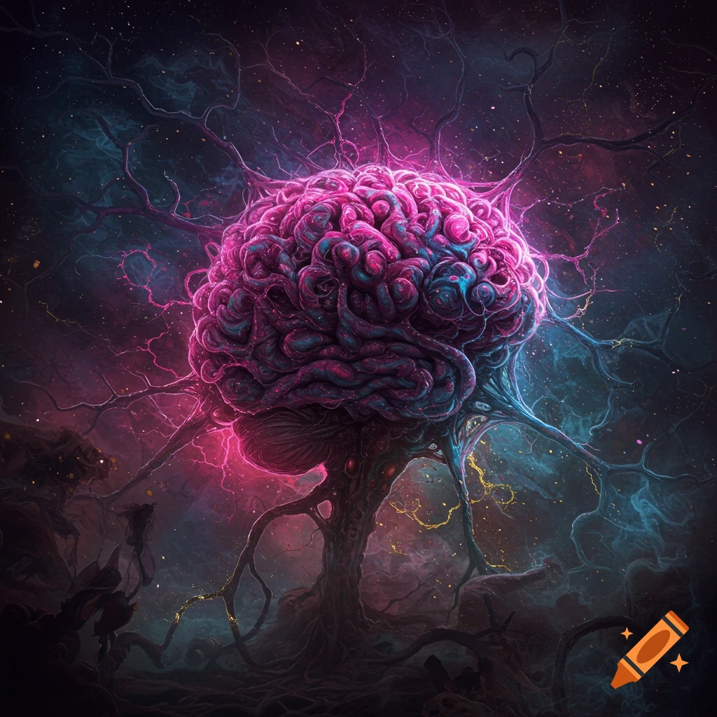 A glowing pink and blue brain structure resembling a tree with roots in a dark, cosmic, starry background.