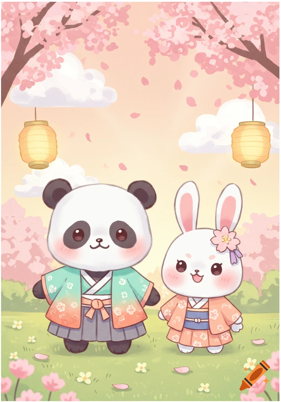 Cute cartoon panda and rabbit in kimonos stand under cherry blossom ...