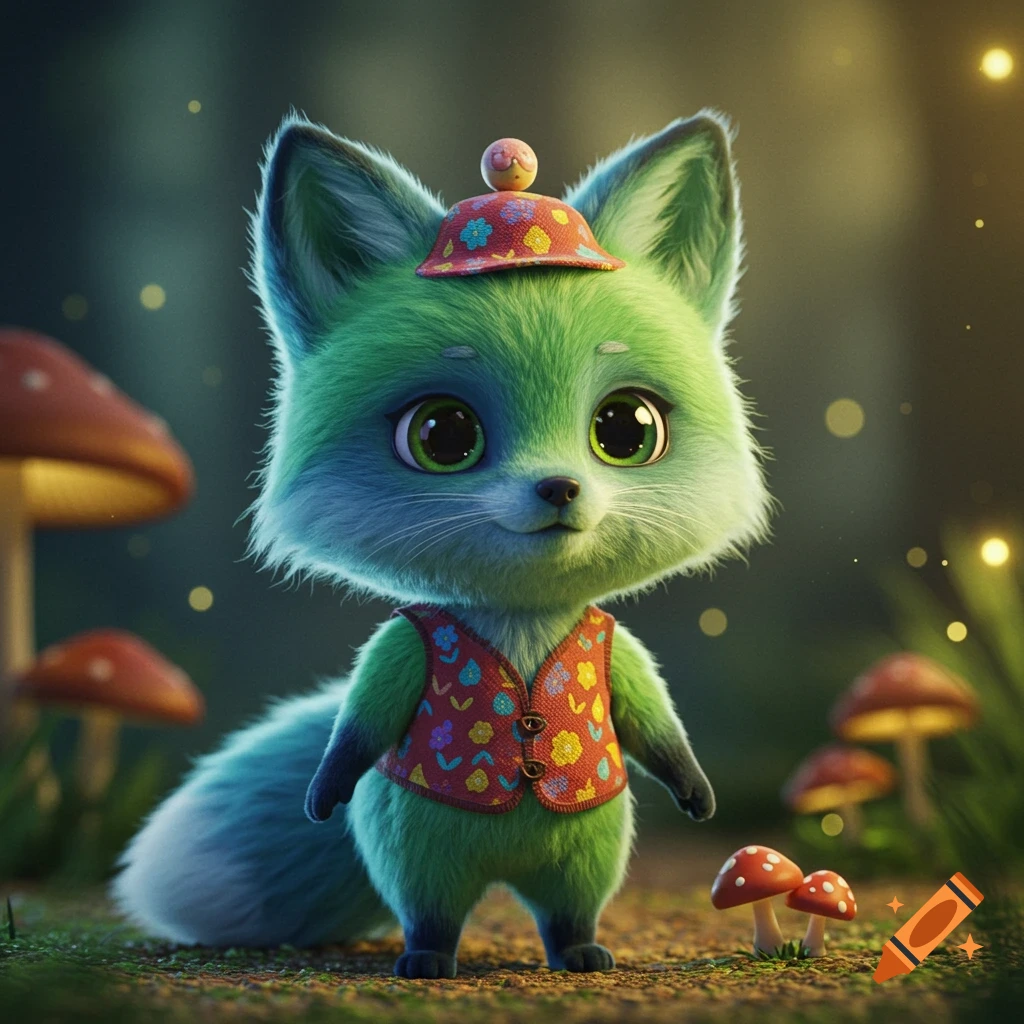 A cute, fluffy green and blue fox wearing a colorful vest and hat stands on a forest floor with glowing particles and mushrooms.