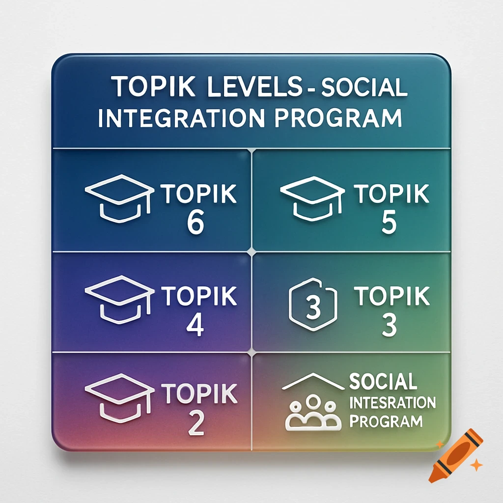 A gradient colored infographic with rounded corners displaying TOPIK levels and Social Integration Program stages with icons.