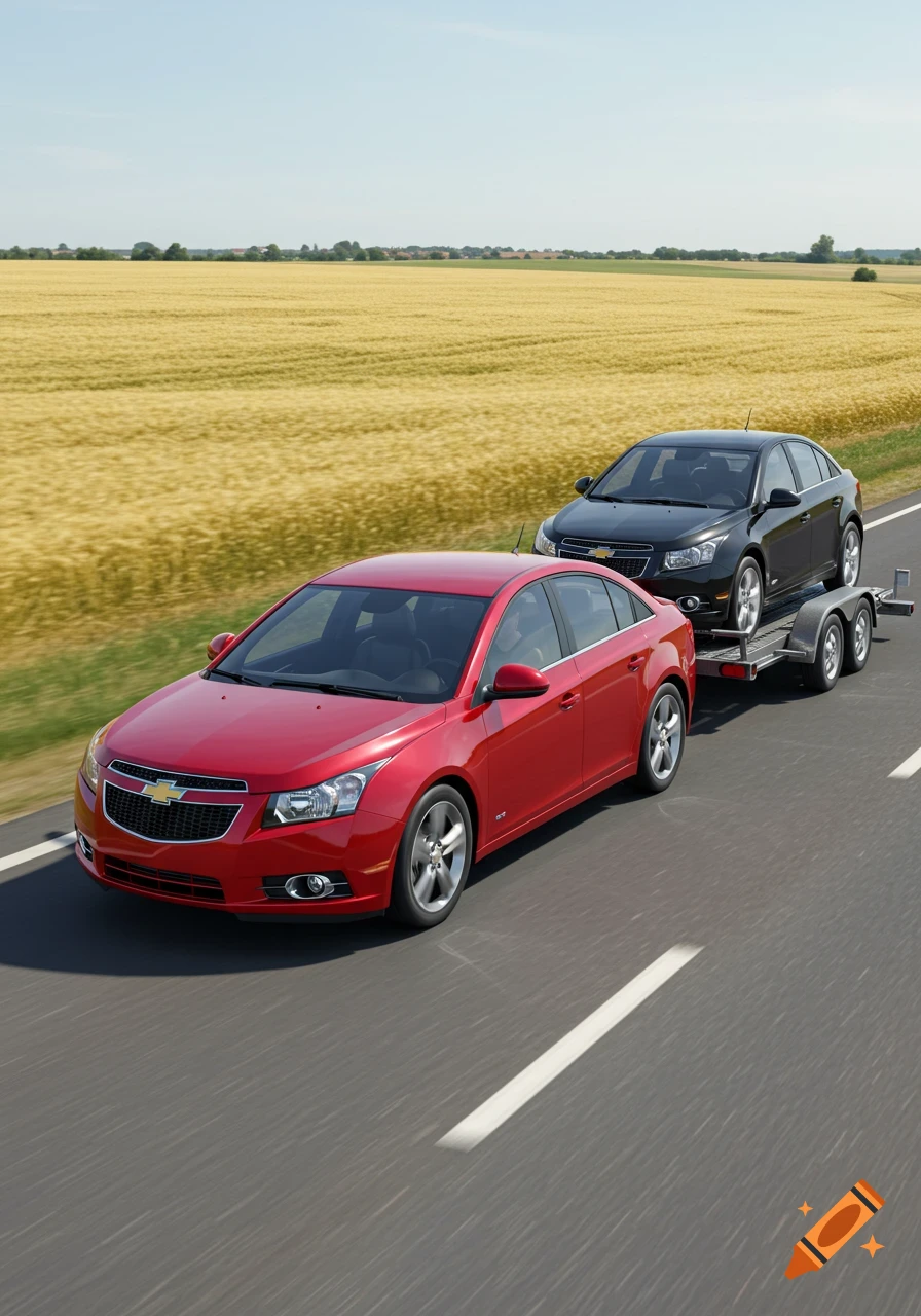 A red Chevrolet Cruze tows a black Chevrolet Cruze on a trailer down a road next to a golden field under a blue sky, photorealistic.