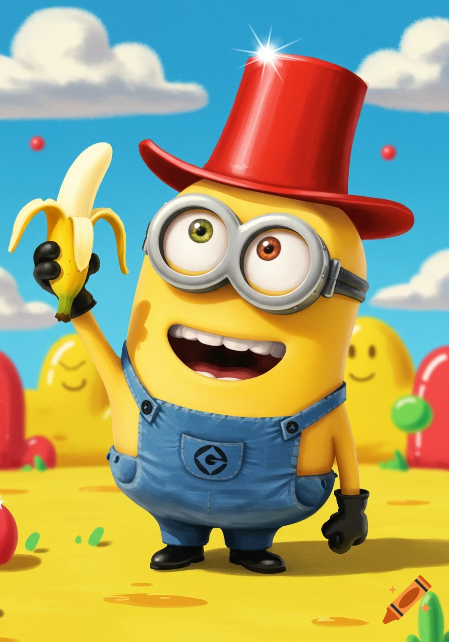 A happy Minion wearing a red top hat and blue overalls holds a peeled banana, set against a bright blue sky and yellow landscape.