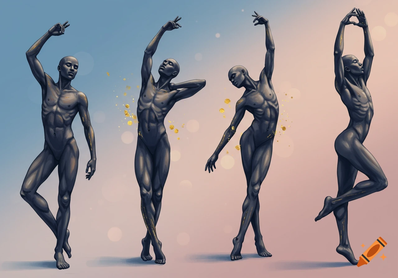 Four stylized dark grey figures with golden flecks posing against a blue and pink gradient background.