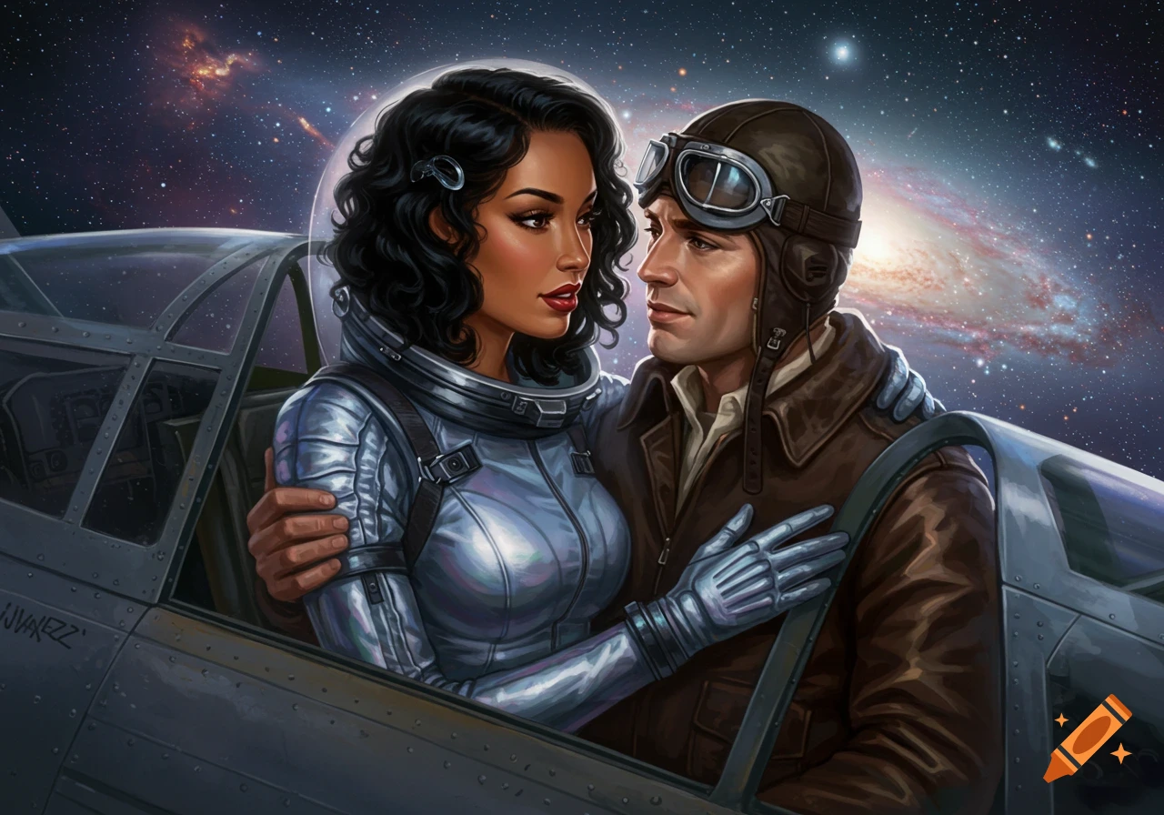 A vintage sci-fi illustration of a woman in a space suit hugging an aviator in a cockpit, with a galaxy in the background.