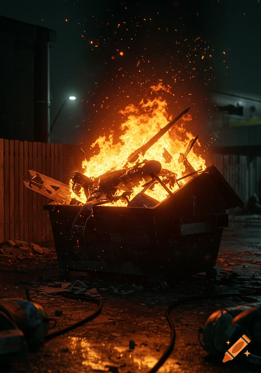 A large dumpster fire at night, with flames engulfing debris that includes fighter jet parts, in an urban alley.