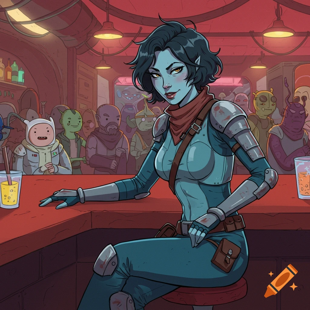 A stylized space outlaw with short dark hair and armor sits at a red bar, smiling, surrounded by various aliens, in an Adventure Time art style.