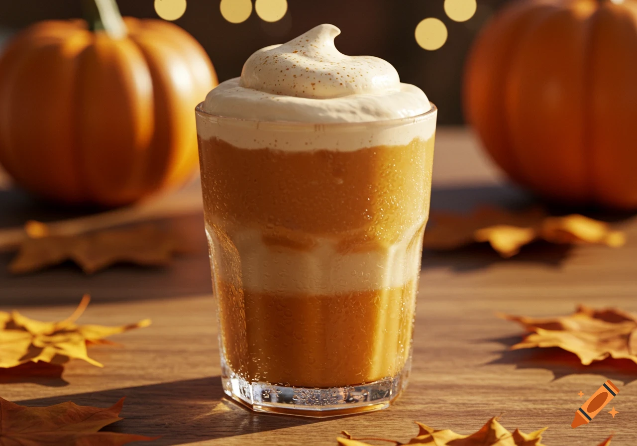 Photorealistic pumpkin spice cold drink with whipped cream and sprinkles, surrounded by autumn leaves and blurred pumpkins, under warm lighting.
