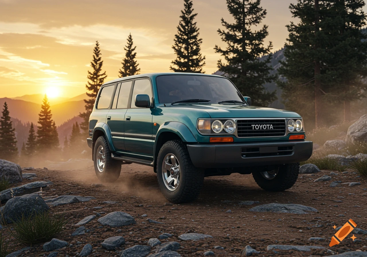 A teal Toyota SUV drives on a rocky dirt road at sunset, with pine trees and mountains in the background.