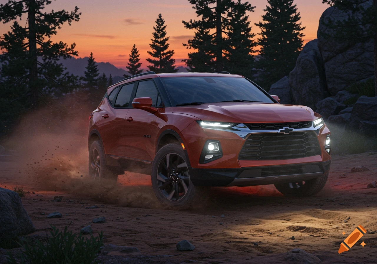A red Chevrolet Blazer SUV drives off-road on a dirt path at sunset, kicking up dust, with pine trees and mountains in the background.