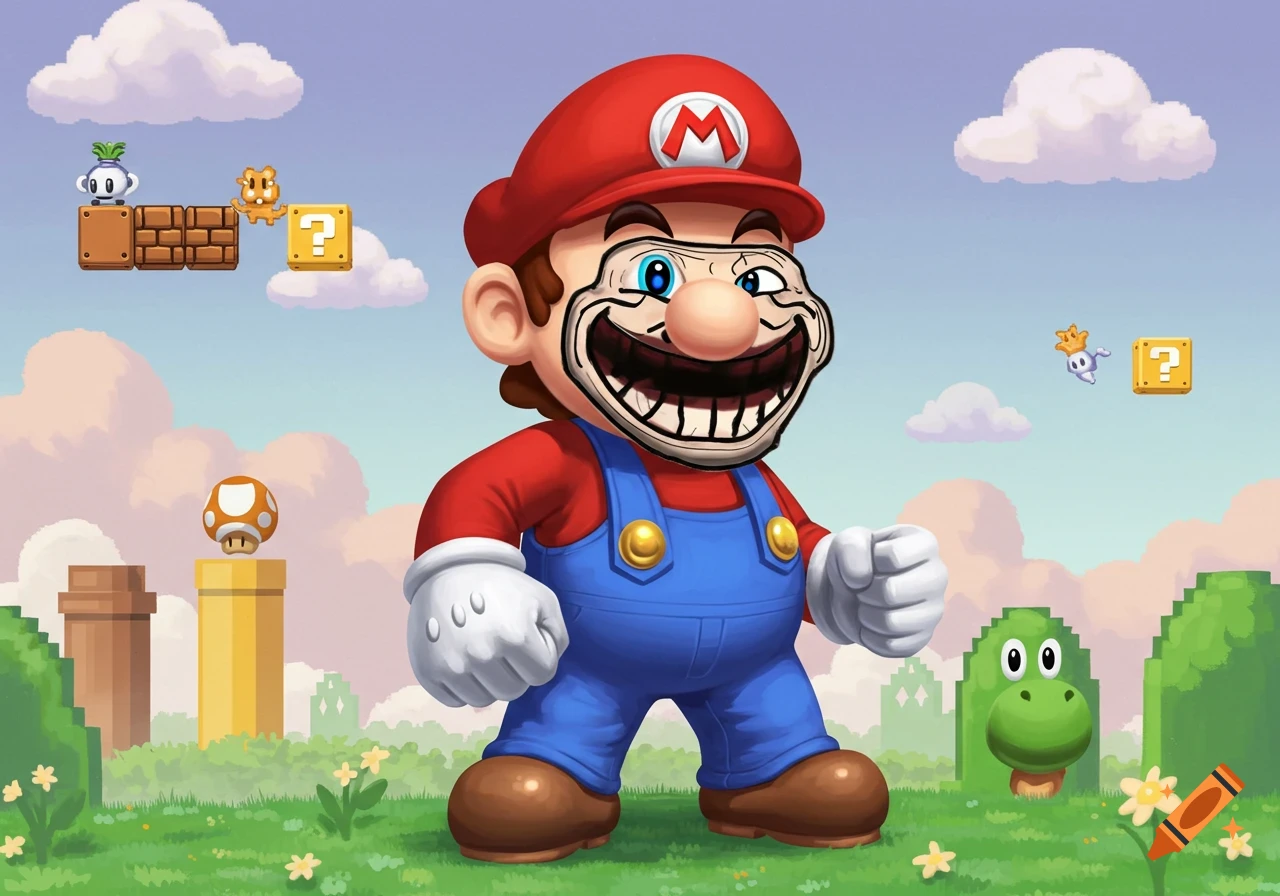 Mario from Nintendo with a trollface meme superimposed on his face, standing in a Super Mario Bros. themed landscape with clouds, grass, blocks, pipes, and a Yoshi head.