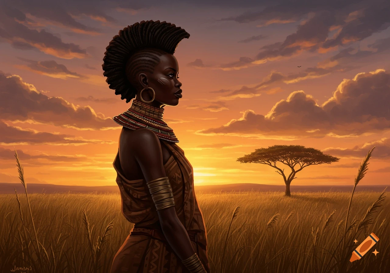 A digital painting of a tribal black woman with a mohawk, wearing traditional jewelry, standing in a golden savanna field at sunset.