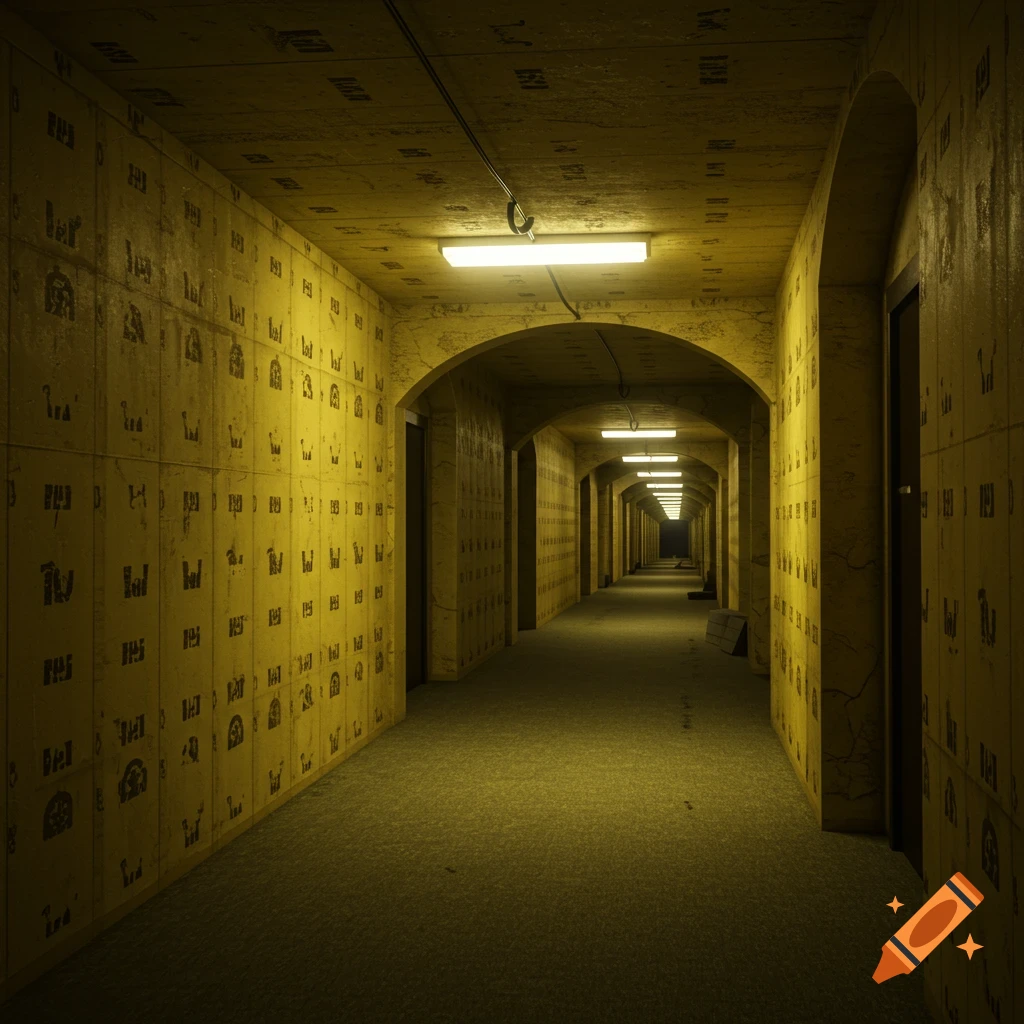 A long, dimly lit, yellow corridor with arched doorways and fluorescent lights, reminiscent of The Backrooms.