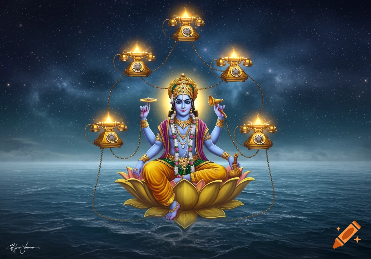 Multi-armed Vishnu sits on a lotus flower on a starry ocean at night, surrounded by glowing gold vintage telephones, digital art.