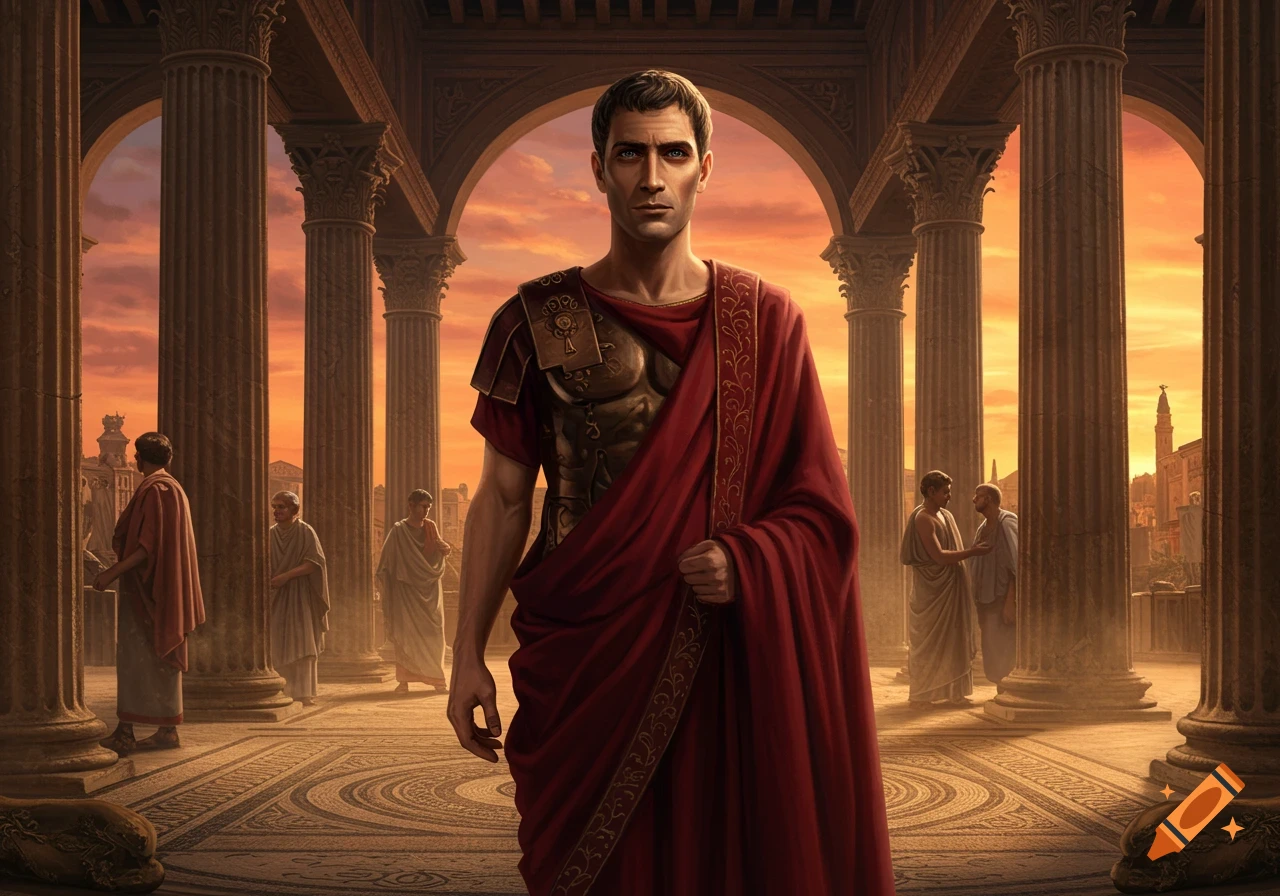 A stern man in a red toga and chest armor stands in a grand Roman colonnade at sunset, with other figures in the background.
