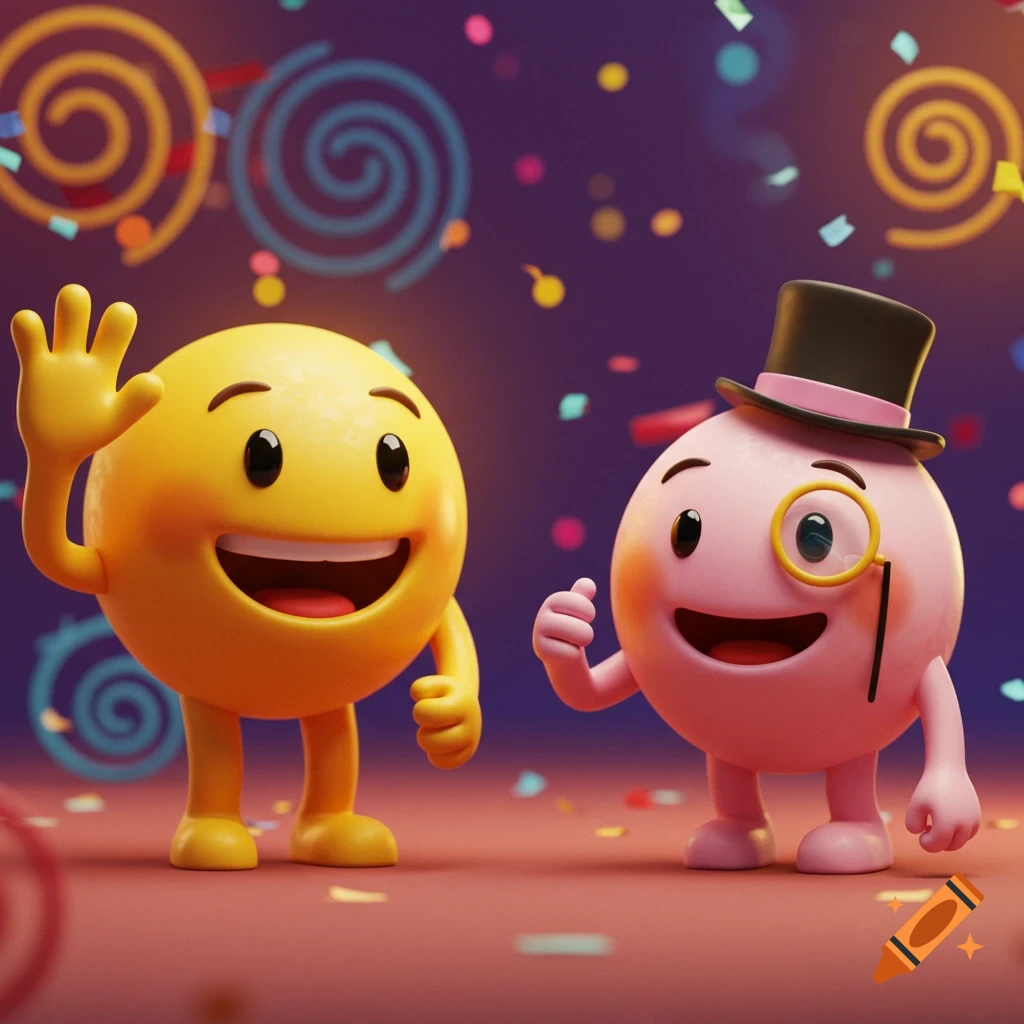 Two cheerful 3D emoji characters, one yellow waving and one pink with a top hat and monocle, in a festive scene with confetti.