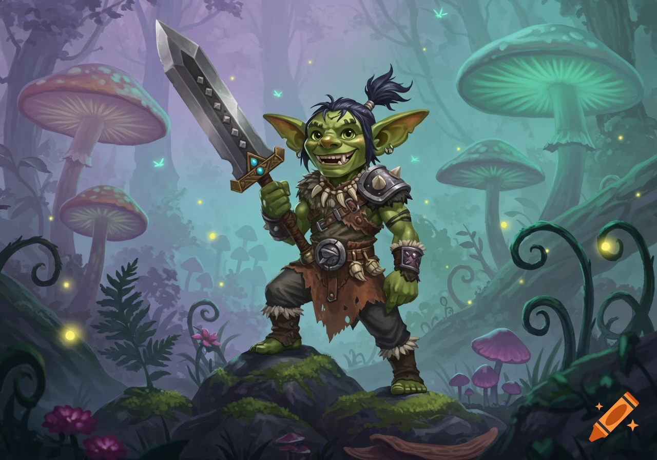 A cute green goblin barbarian with a topknot holds a giant sword, standing on a mossy rock in a magical forest with glowing mushrooms and fireflies.