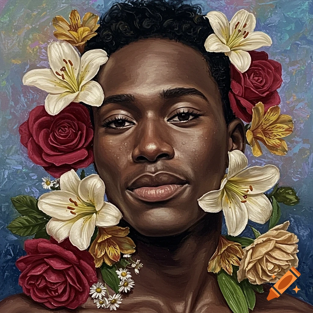 Oil pastel painting of a person with dark skin and curly hair, adorned with white lilies, red roses, and small daisies against a blue background.