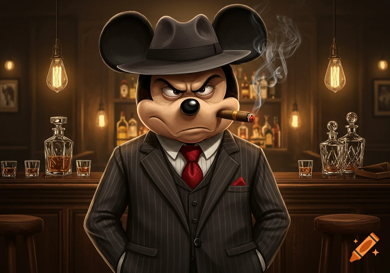 Angry Mickey Mouse dressed as a mafia boss in a pinstripe suit and fedora, smoking a cigar, standing at a dimly lit bar with liquor.