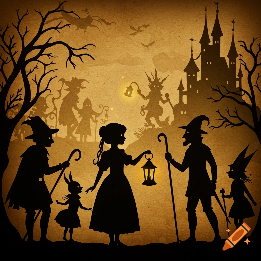 Silhouettes of fairy tale characters with a lantern and staffs against a sepia castle backdrop, shadow theater style.