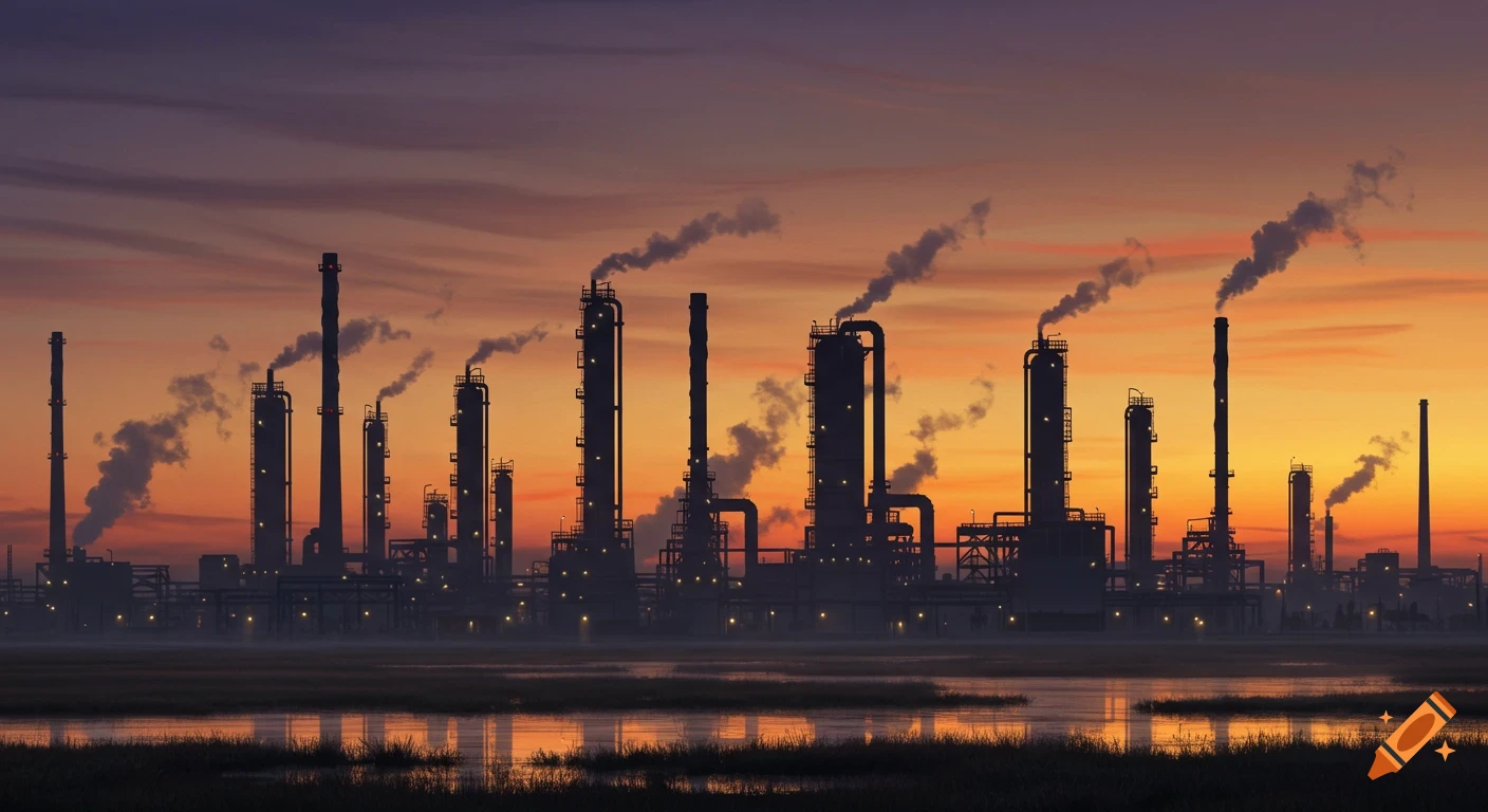 A photorealistic silhouette of a chemical refinery with smokestacks emitting smoke, reflected in water at a vibrant sunrise.