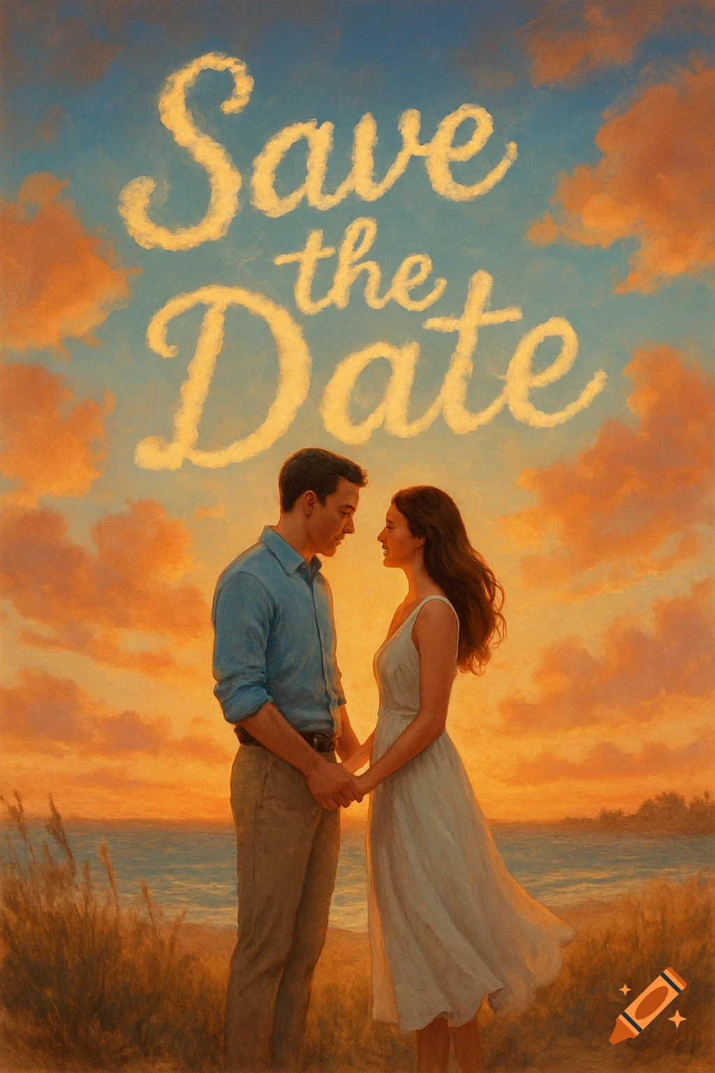 A painting of a man and woman holding hands on a beach at sunset with 'Save the Date' written in the sky as clouds.