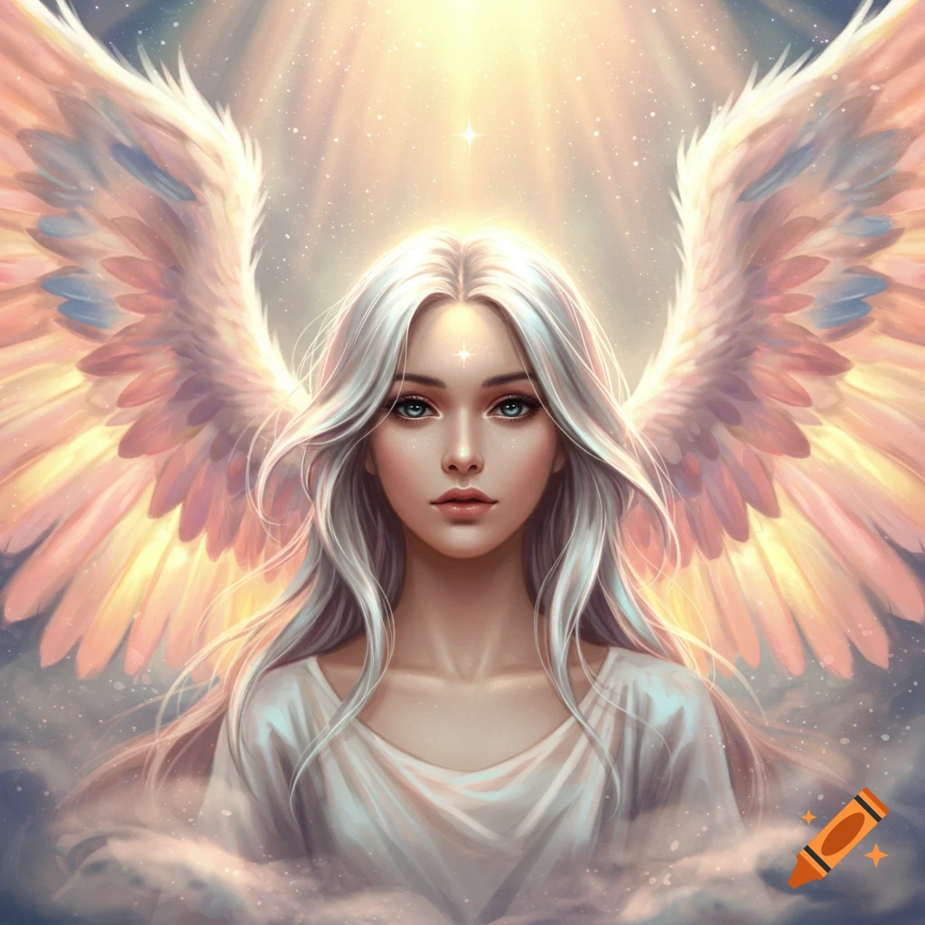 Digital painting of an angelic woman with long white hair, blue eyes, and large white and pink wings, bathed in golden light.