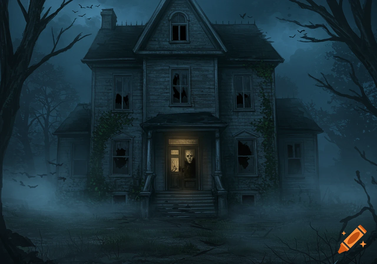 Dark illustration of a dilapidated, fog-shrouded haunted house with broken windows and a creepy face in the glowing doorway, bats fly overhead.