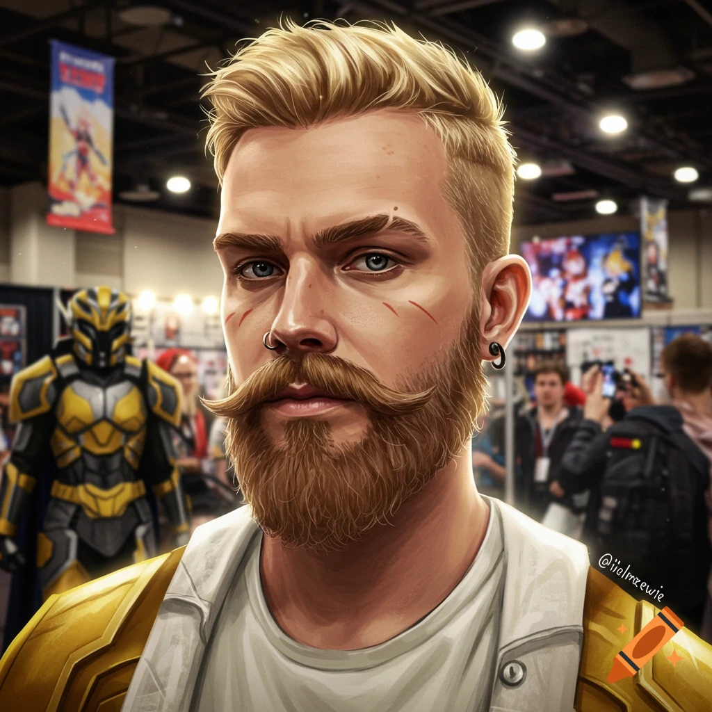 A close-up portrait of a man with blonde hair, a full beard, and mustache, wearing a yellow jacket, at a convention with a person in an armored suit in the background.
